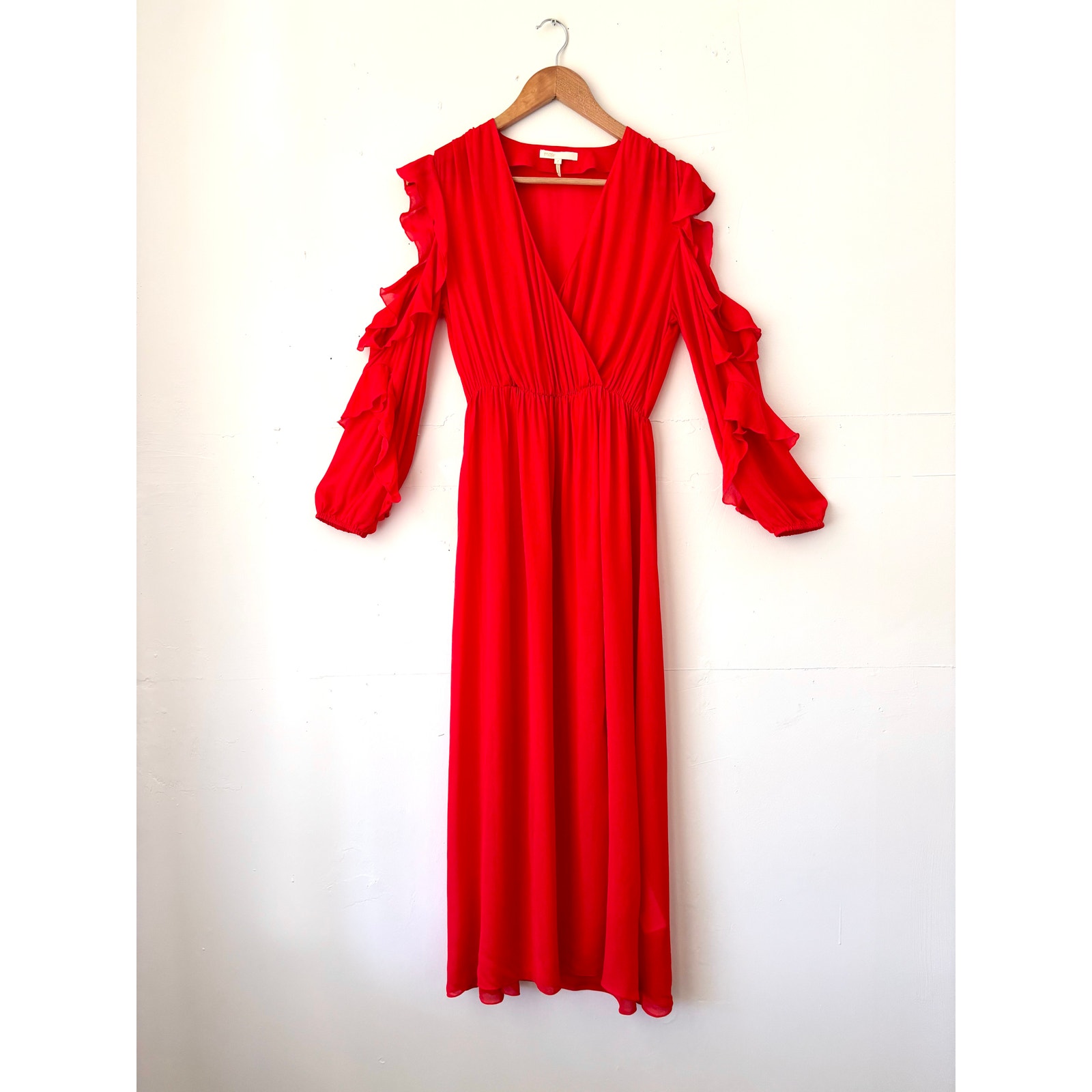 $515 Maje Red Ruffle Cold Shoulder Maxi Dress Wedding Guest Formal Gown- Size 2